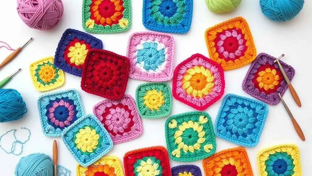 Flat lay of multiple colorful granny squares arranged on white surface, various color combinations, some completed and some in progress, crochet hooks and yarn balls nearby