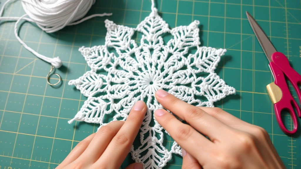 Close-up of white cotton crochet snowflake ornament being blocked, hands positioning delicate points, craft mat surface, bright daylight, intricate lacework pattern clearly visible