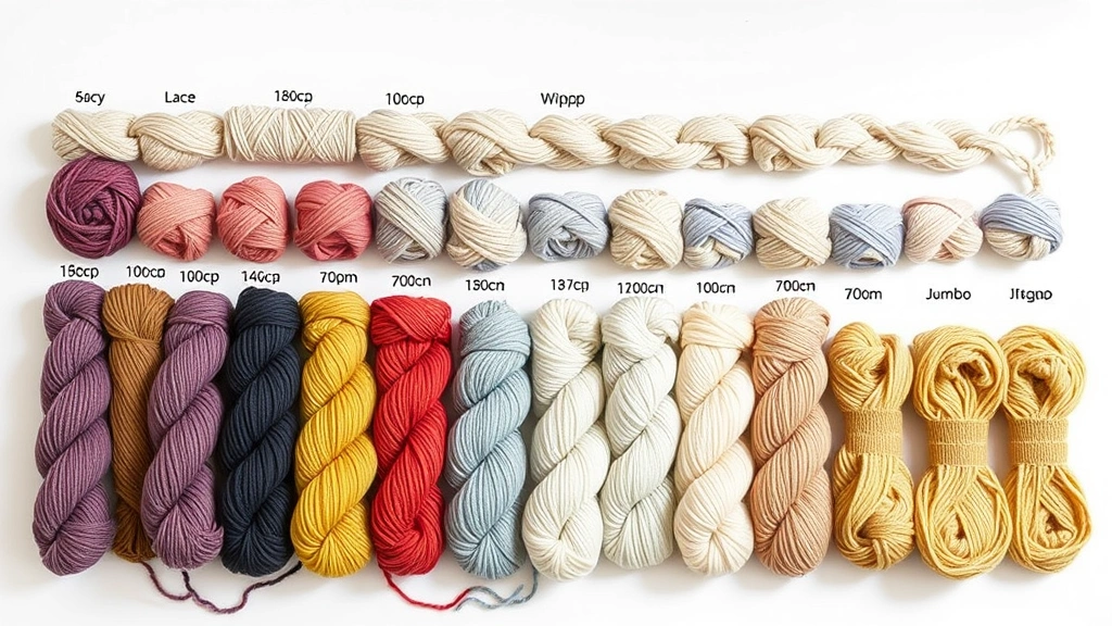 Flat lay of yarn skeins arranged by weight from lace to jumbo, labeled clearly, natural daylight, white background, organized display showing thickness progression