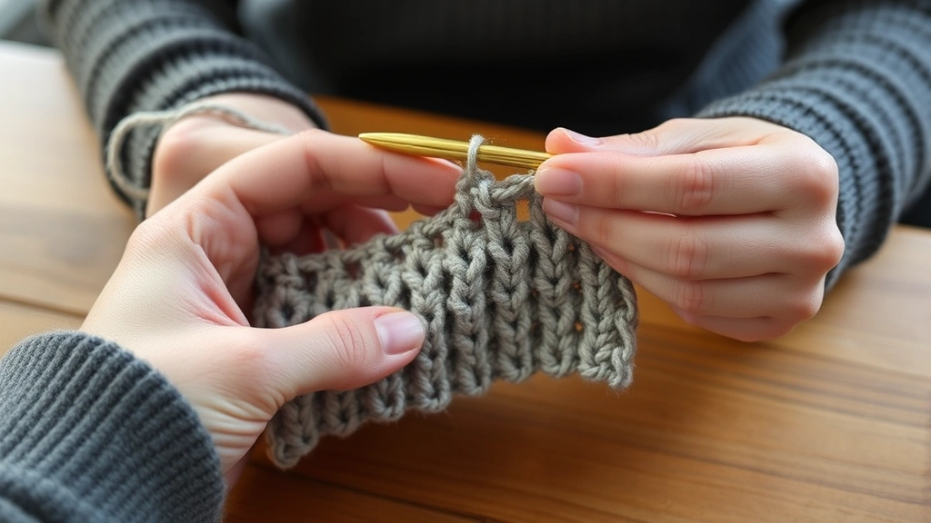 Close-up hands holding crochet hook working with worsted weight yarn, gauge swatch in progress, wooden table surface, soft natural lighting, stitches clearly visible