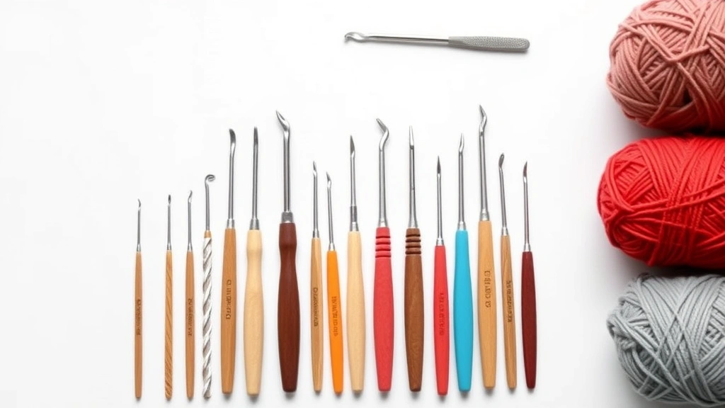 Collection of crochet hooks in different sizes next to corresponding yarn weights, organized by size, clean white surface, professional product photography style