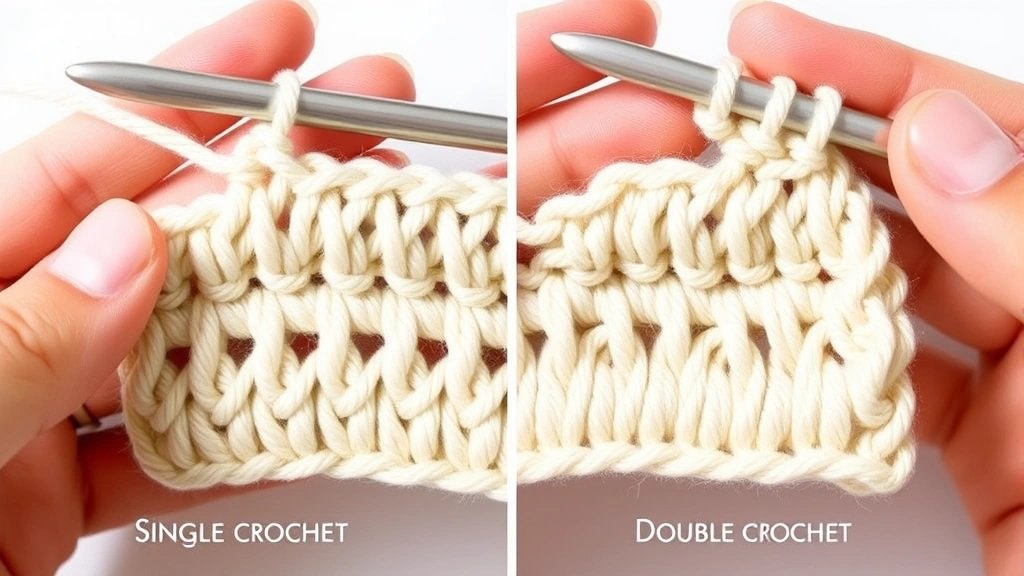 Close-up comparison of single crochet and double crochet stitches in cream worsted yarn, hands holding crochet hook, natural lighting, clean white background, clear stitch definition visible