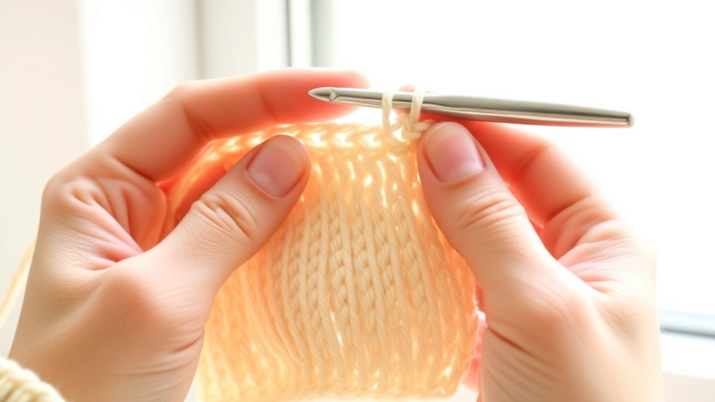 Close-up hands demonstrating single crochet stitch with cream worsted yarn and aluminum hook, natural window light, clean white background, hook inserting through stitch loops clearly visible
