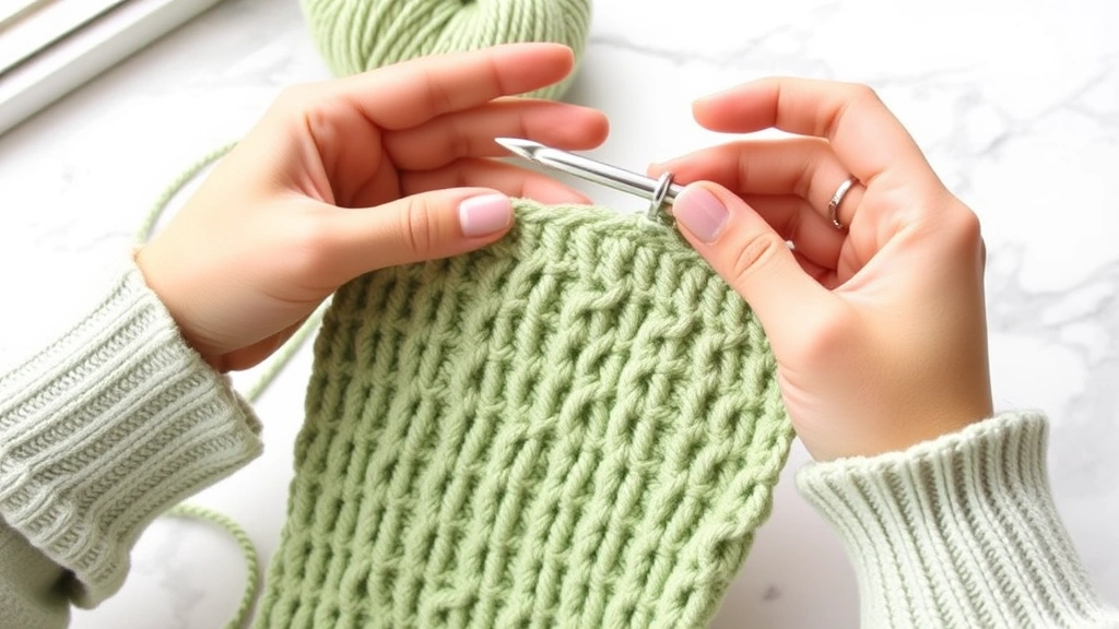 Hands crocheting double crochet stitches with sage green yarn, aluminum hook, work in progress showing tall posts, soft window light, marble countertop surface, cozy crafting atmosphere