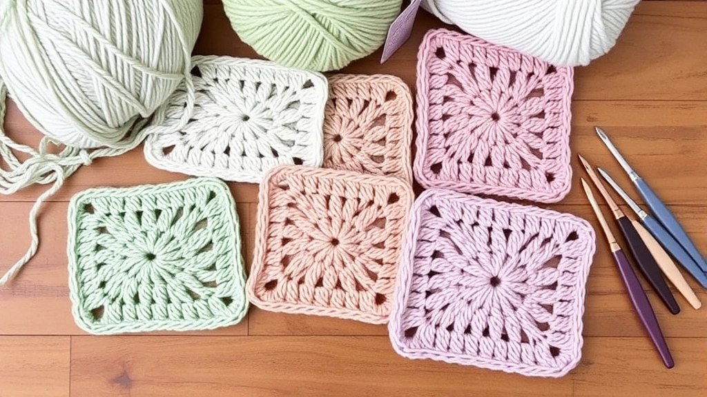 Flat lay of single crochet practice squares in different yarn weights, pastel colors including sage green and dusty pink, wooden table surface, crochet hooks arranged nearby