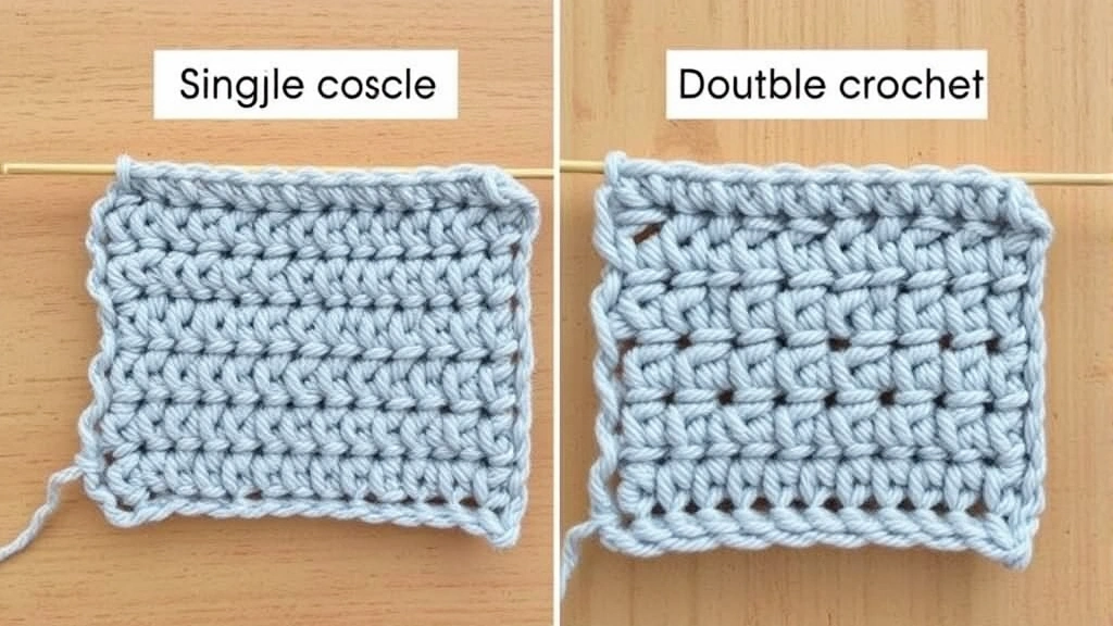 Two fabric swatches side by side showing single versus double crochet texture, light gray yarn, natural lighting, wooden table surface, clear texture differences visible between samples