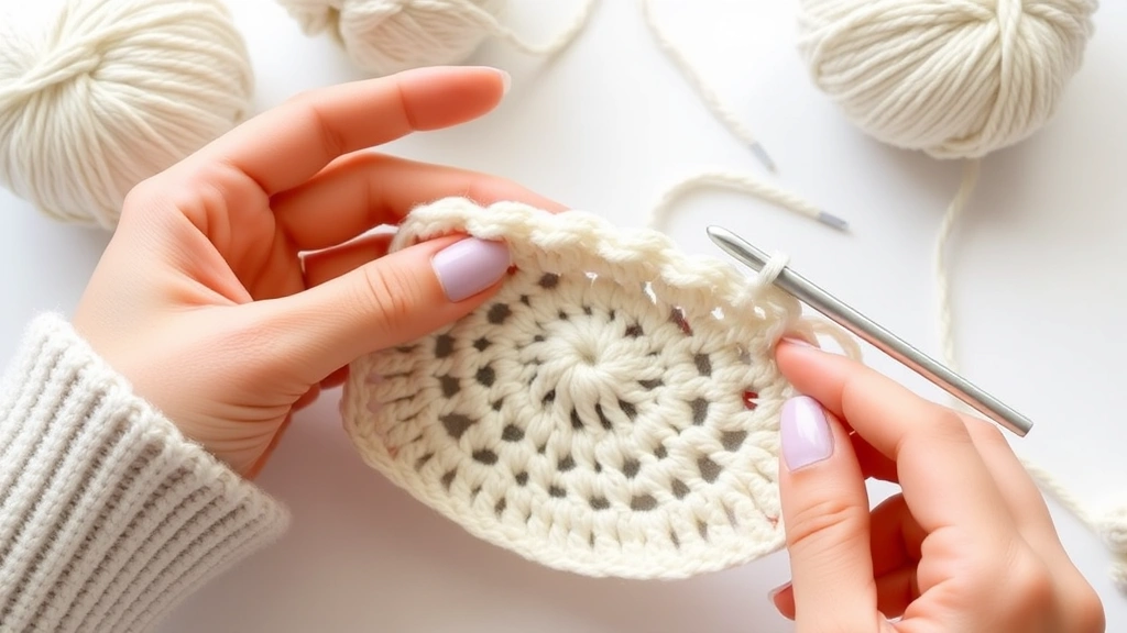Work-in-progress single crochet dishcloth in cotton yarn, hands holding project showing even edges and consistent stitches, soft natural lighting, cozy crafting setup visible