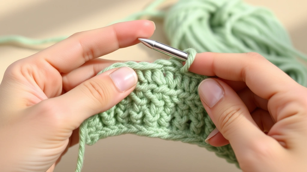 Side view of proper crochet hook grip with aluminum hook, hands working single crochet stitches in sage green yarn, soft natural lighting, comfortable crafting position visible