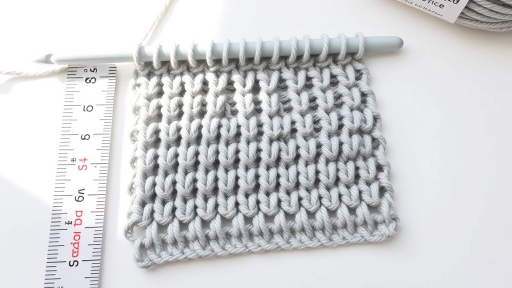 Tension practice swatch showing even single crochet rows in light gray yarn, measuring ruler alongside for gauge reference, bright natural light, clean workspace background