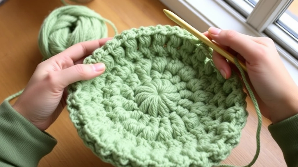 Hands crocheting a sage green beanie in rounds, showing magic ring start and spiral construction, natural window light, wooden table surface, hook and yarn visible
