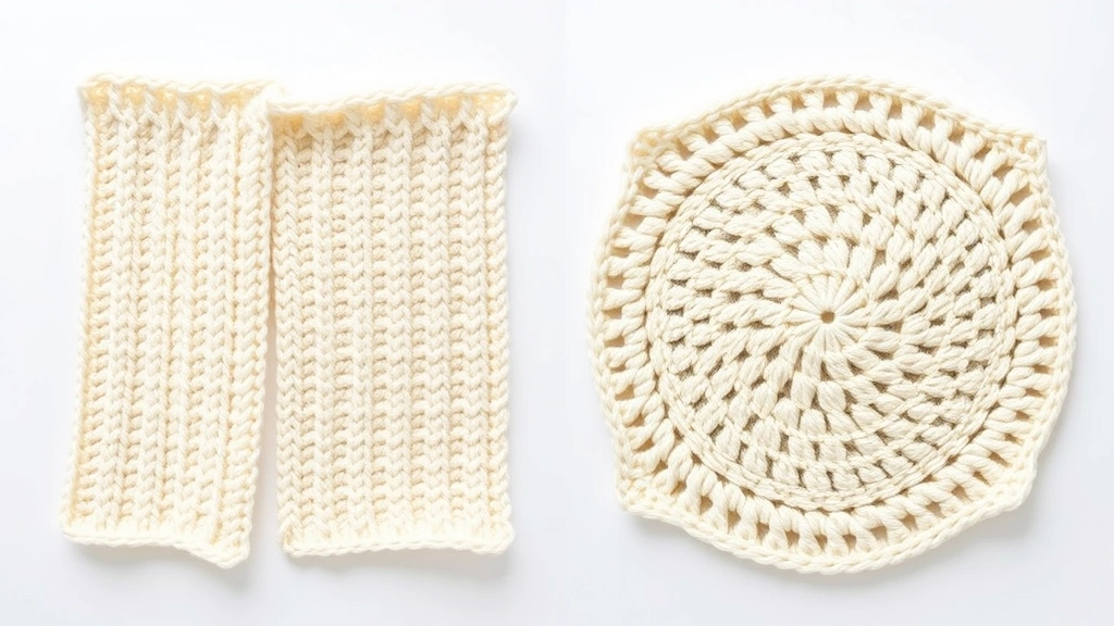 Side-by-side comparison of rectangular scarf worked in rows and circular granny square in rounds, cream colored yarn, clean white background, both projects half-completed
