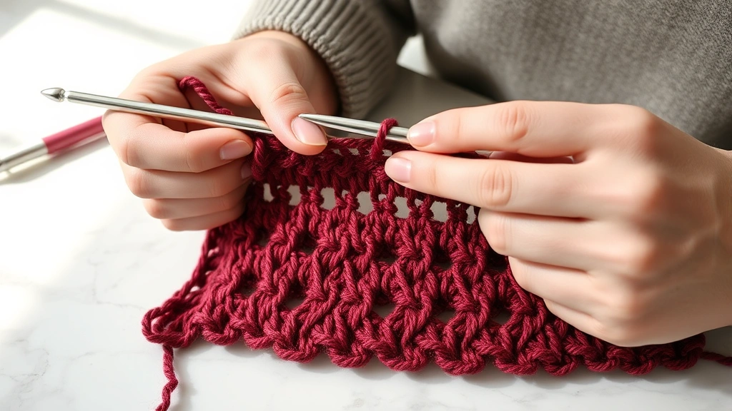 Close-up of hands turning crochet work at end of row, showing proper technique with burgundy yarn, 5mm aluminum hook, soft natural lighting, marble countertop