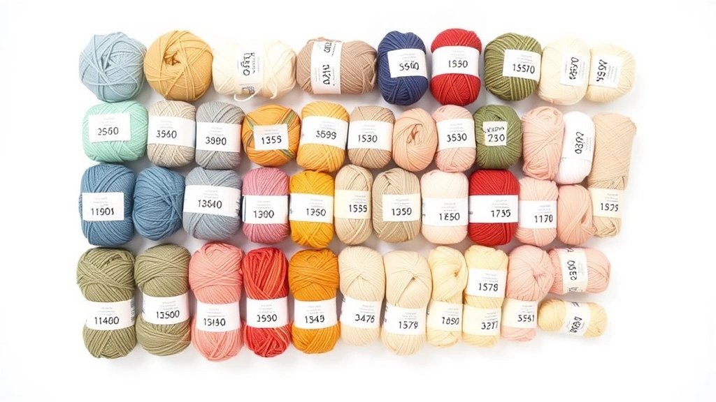 Flat lay of yarn skeins arranged by weight from lace to jumbo, each with weight number label visible, natural daylight, white background, organized gradient display