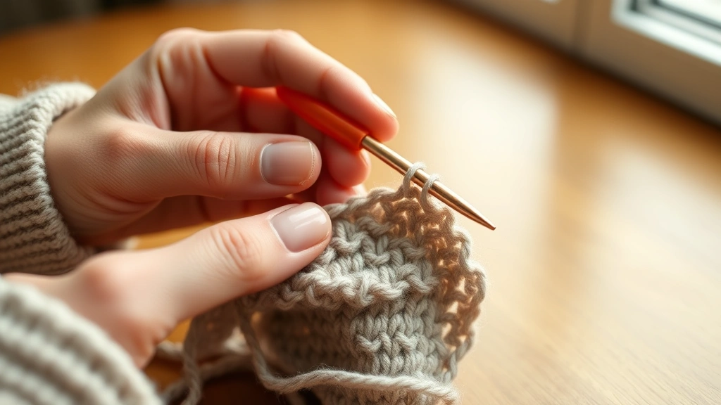 Close-up hands holding crochet hook working with worsted weight yarn, showing proper tension and stitch formation, soft window light, wooden table surface, work in progress