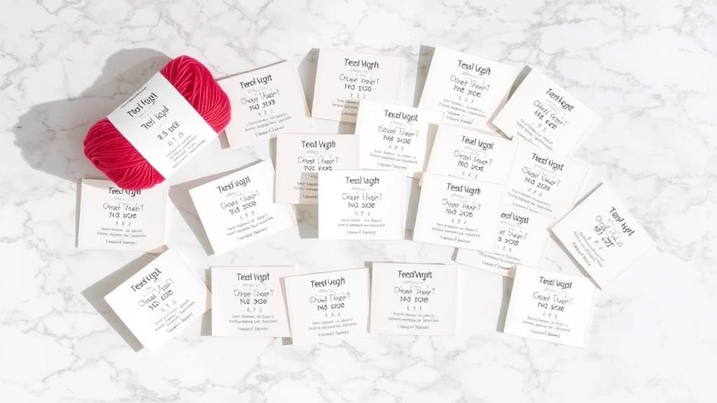 Collection of yarn labels spread on marble surface showing weight symbols and hook size recommendations, natural lighting, clear text visible on labels, organized arrangement