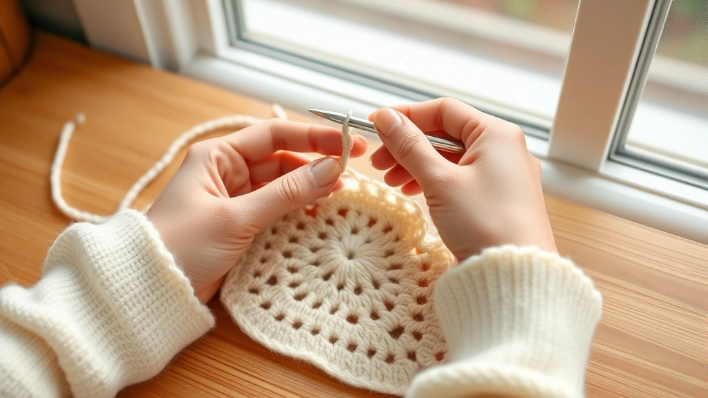 Hands crocheting with soft cream cotton-bamboo blend yarn, aluminum hook visible, natural window lighting, wooden table surface, partially completed granny square pattern, cozy crafting atmosphere