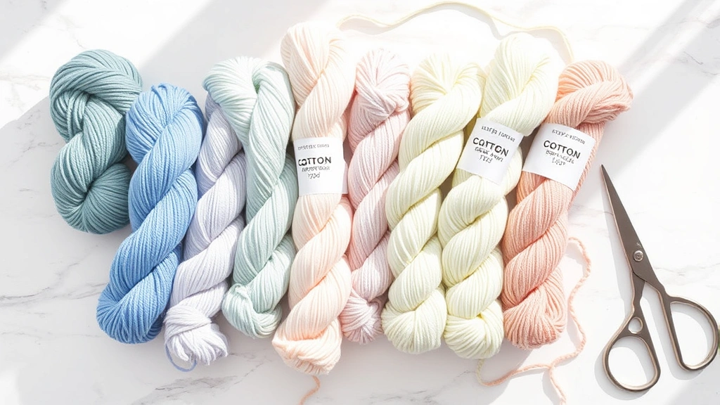Collection of cotton blend yarn skeins in pastel colors arranged on white marble surface, natural lighting, labels visible showing different fiber content ratios, crafting scissors nearby