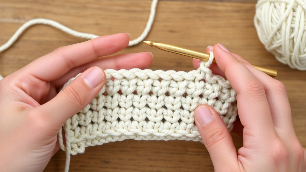 Close-up hands working single crochet stitches in cream yarn, showing clear horizontal row structure, natural lighting, wooden table background, hook and yarn visible