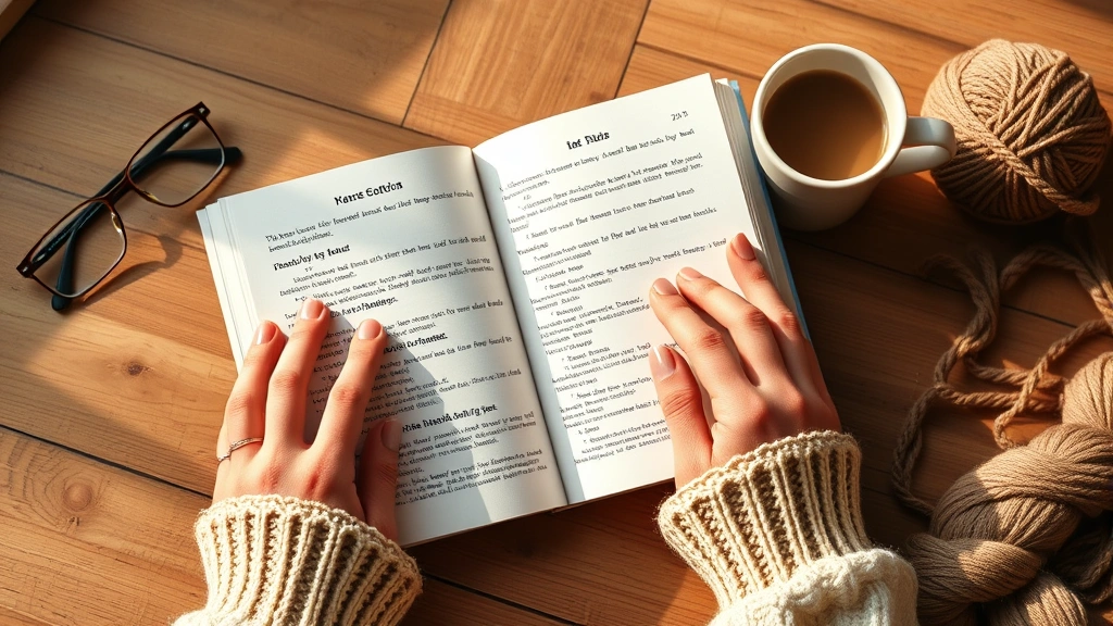 Hands holding open crochet pattern book with highlighted abbreviations, reading glasses nearby, warm natural lighting, wooden table with coffee cup and yarn skein visible