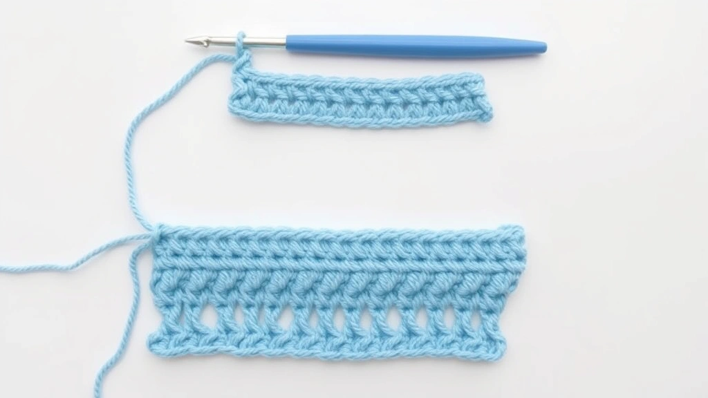 Crochet work in progress showing foundation chain at bottom with three completed rows above, soft blue yarn, clean white background, measuring tape alongside