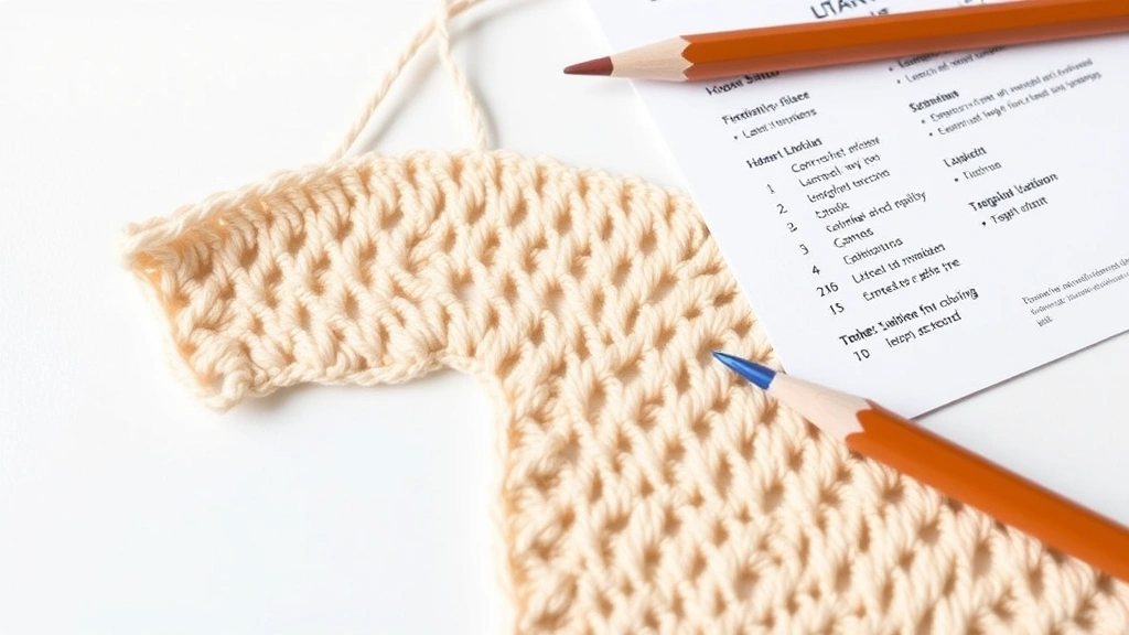 Close-up of crochet work in progress showing basic stitches, pattern printout with pencil markings beside project, soft afternoon light, clean white background