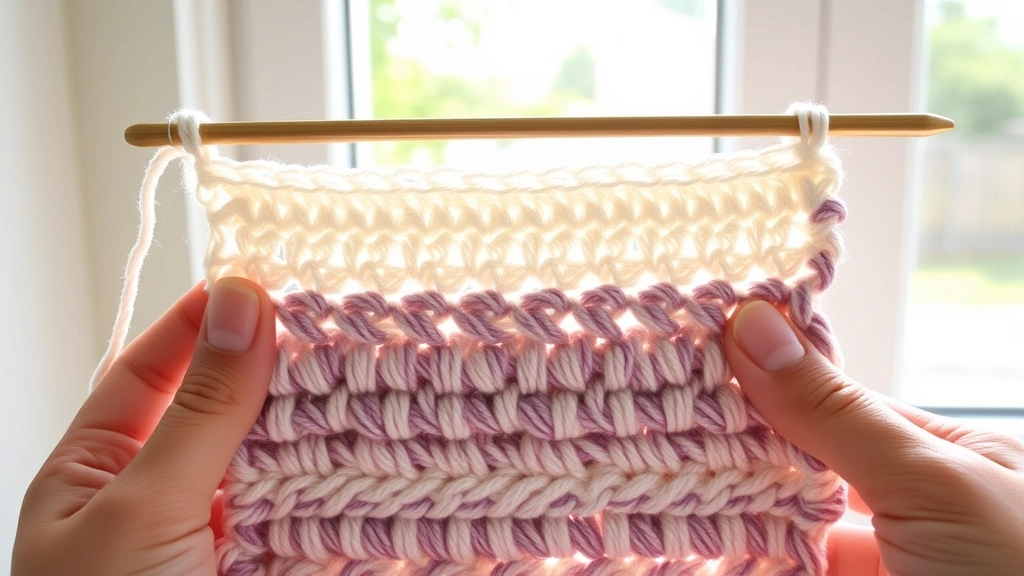 Side view of crochet fabric showing distinct row layers in variegated yarn, hands holding work to demonstrate row height differences, bright natural window light