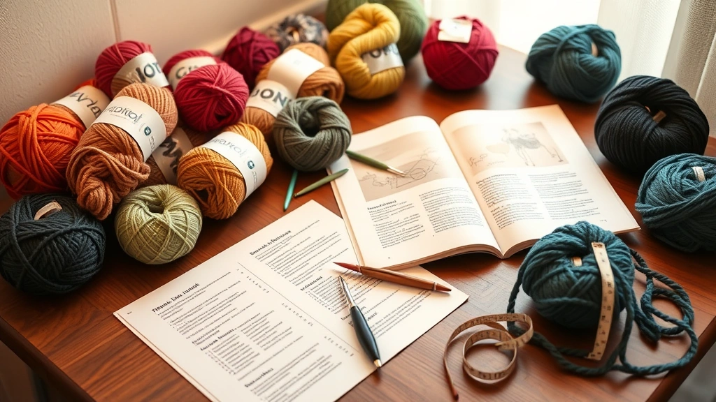 Organized craft workspace with multiple yarn skeins, crochet hooks, pattern pages spread out, stitch markers and measuring tape, cozy home crafting atmosphere