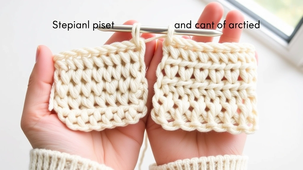 Close-up comparison of single crochet and half double crochet swatches in cream worsted yarn, hands holding both samples, natural window light, clean white background