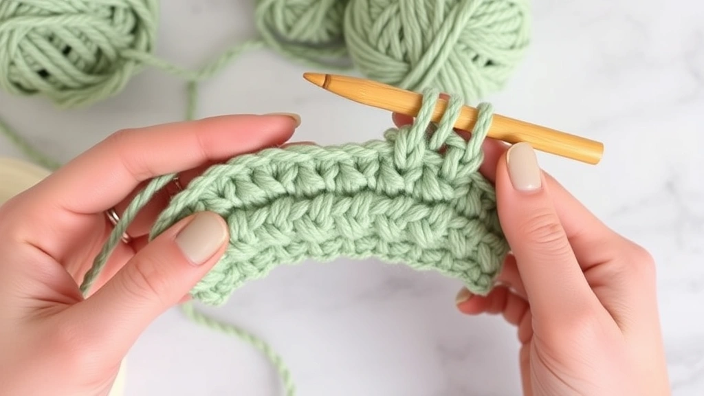 Hands demonstrating half double crochet technique with sage green yarn and bamboo hook, three loops visible on hook, soft lighting, marble crafting surface, work in progress