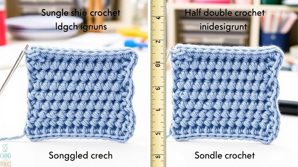 Side-by-side gauge swatches showing height difference between single crochet and half double crochet, measuring tape visible, natural daylight, organized craft workspace setting