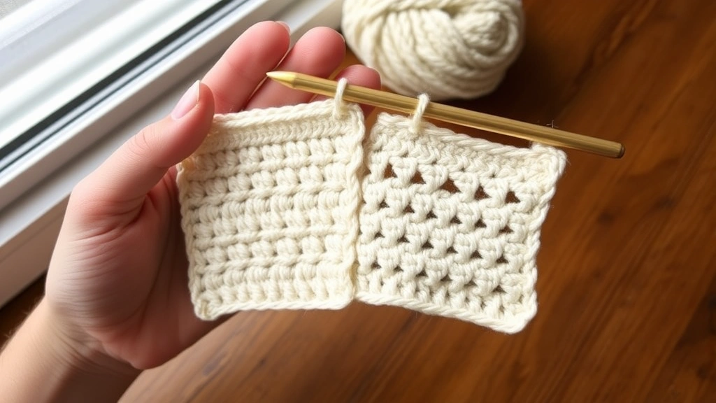 Close-up comparison of single crochet and half double crochet swatches in cream yarn, hands holding both samples, natural window light, wooden table surface