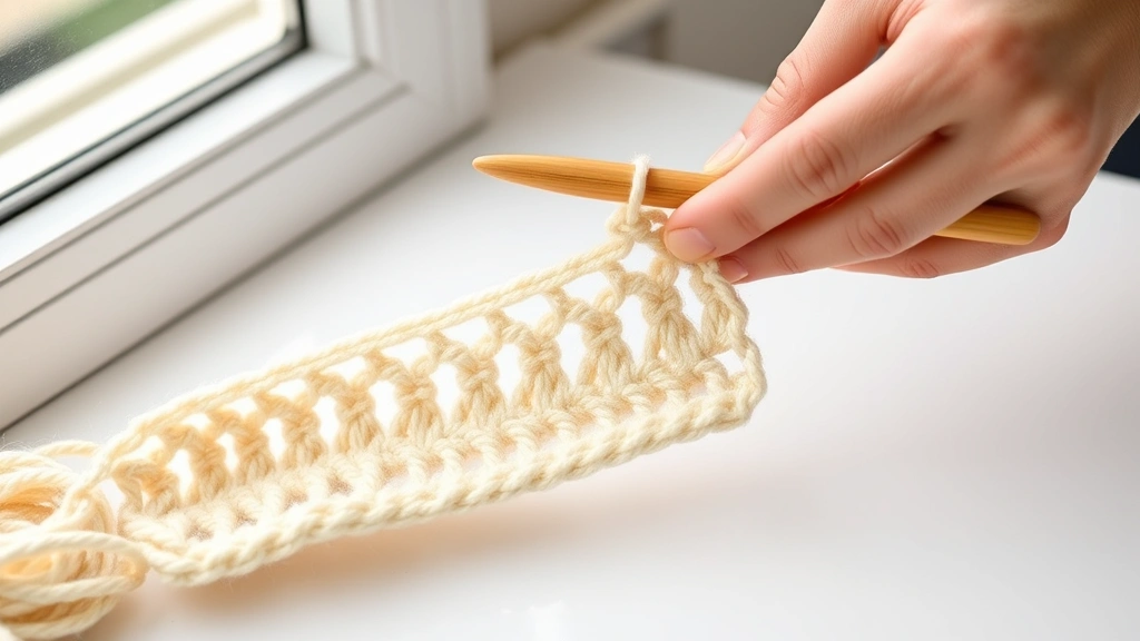 Close-up hands creating foundation chain with cream worsted yarn, bamboo crochet hook, natural window light, clean white surface, fingers showing proper yarn tension and grip