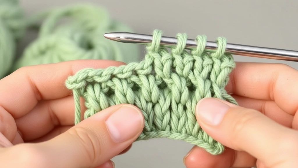 Hands working half double crochet stitch with sage green worsted weight yarn, aluminum hook visible, showing yarn over technique, soft home lighting backdrop
