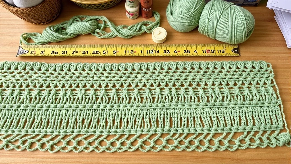Overhead view of completed foundation chain laid flat, measuring tape alongside, stitch markers every ten chains, sage green cotton yarn, organized crafting workspace background