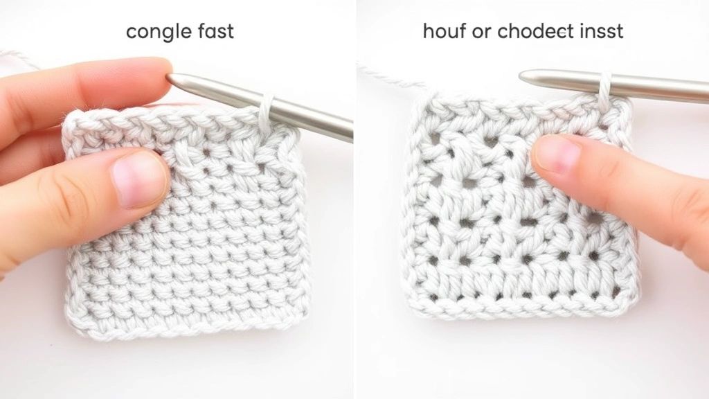 Side-by-side fabric samples showing texture difference between single and half double crochet, fingertips touching both swatches, clean white background, natural lighting