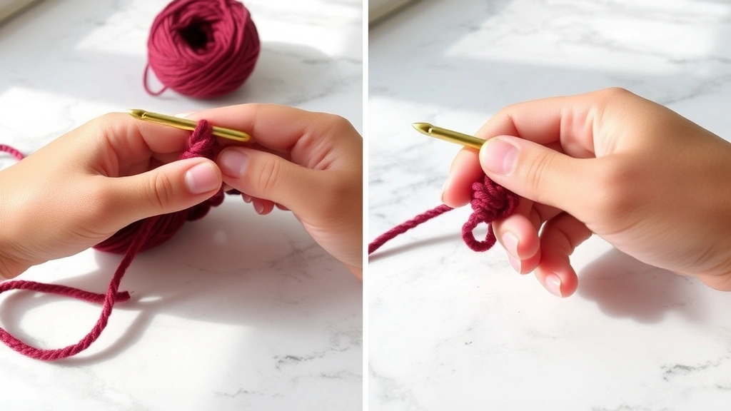 Side angle of hands working slip knot onto crochet hook, burgundy acrylic yarn, soft natural lighting, marble countertop, showing proper loop formation and yarn positioning