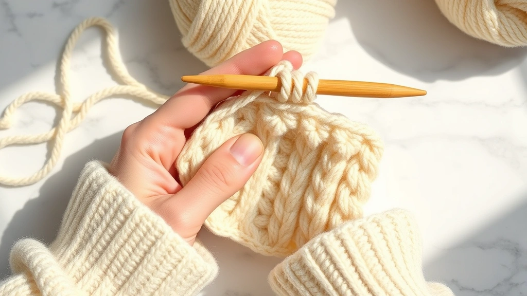 Close-up hands working cable crochet stitches with cream wool yarn, wooden hook, natural daylight, marble surface, intricate twisted rope pattern visible, cozy crafting setup