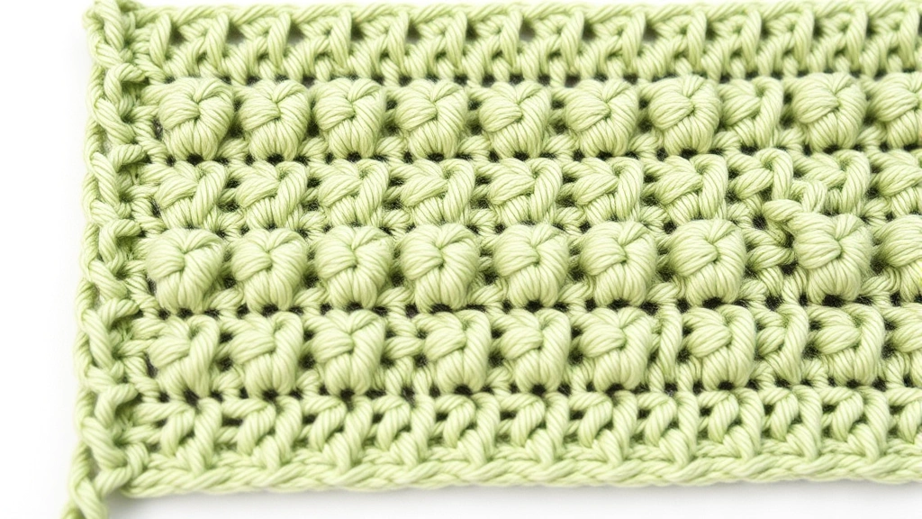 Detailed view of textured crochet swatch showing bobbles and post stitches, sage green cotton yarn, clean white background, professional lighting, dimensional texture clearly visible