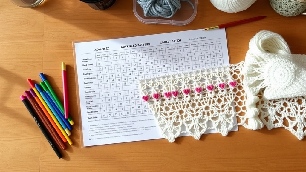 Overhead shot of advanced crochet pattern chart with colorful stitch markers, partially completed lace work, natural wood table, morning light, organized crafting workspace atmosphere