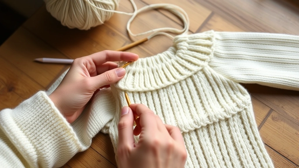 Hands crocheting cream colored sweater yoke with bamboo hook, soft natural lighting, wooden table surface, partially completed raglan increases visible, cozy crafting atmosphere