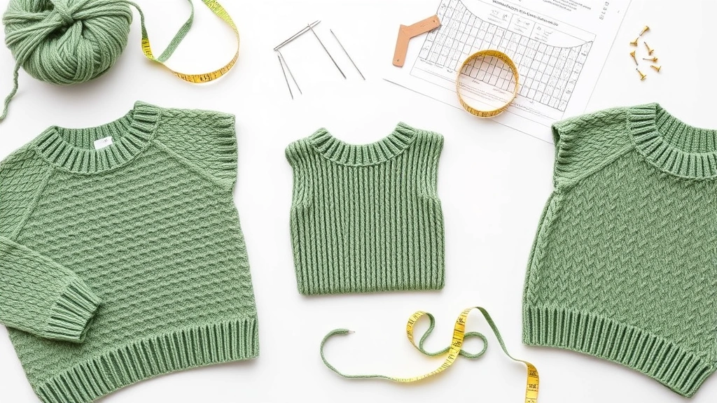 Flat lay of blocked sweater pieces in sage green yarn, measuring tape and pattern schematic nearby, bright white background, professional crafting setup with pins