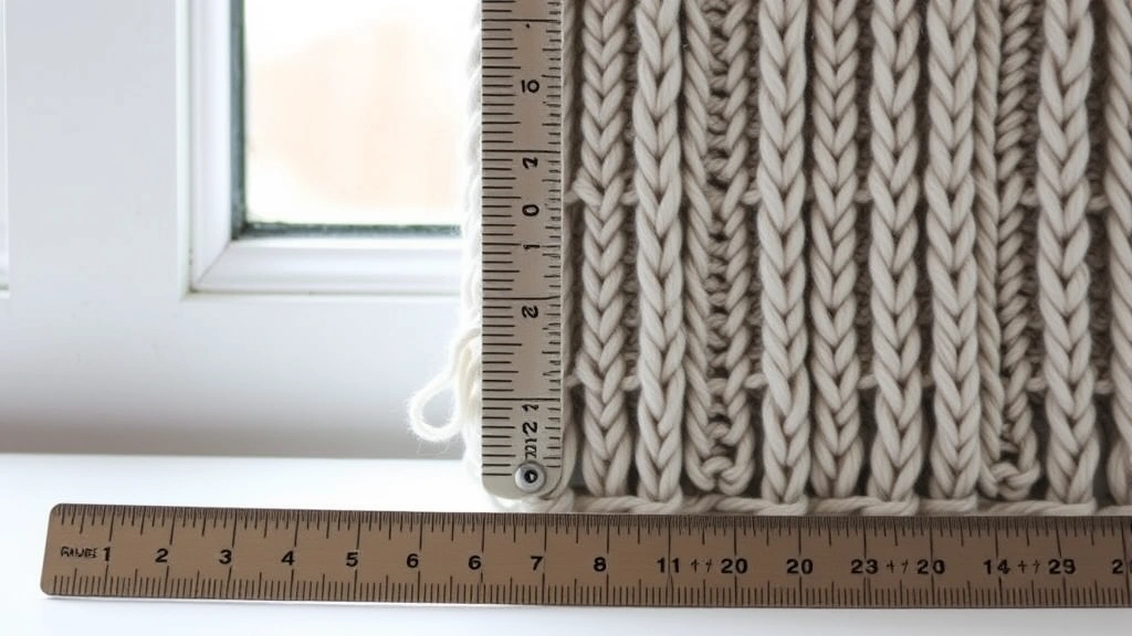 Close-up of gauge swatch in worsted weight wool yarn, ruler showing measurements, natural window light, clean white surface, detailed stitch definition visible