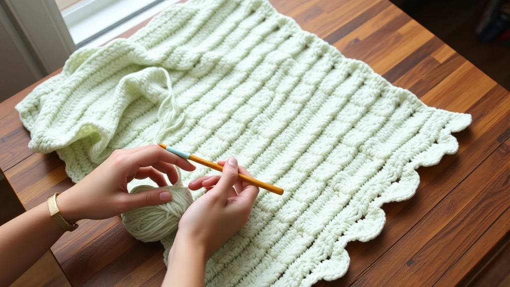 Soft pastel baby blanket in progress on wooden table, hands crocheting with bamboo hook, worsted weight yarn in mint green, natural window lighting, cozy crafting scene