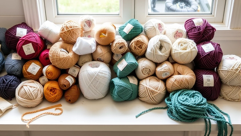 Organized display of different yarn weights from lace to jumbo, arranged by thickness on white wooden table, natural daylight, labels visible showing weight numbers, soft crafting atmosphere