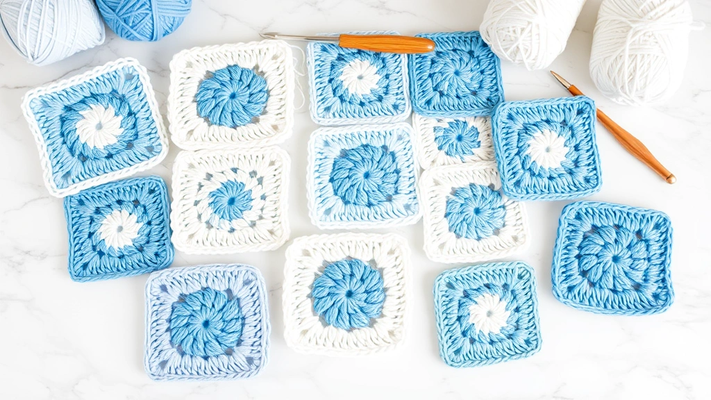 Collection of granny squares in soft blues and whites arranged on marble surface, crochet hook and yarn ball nearby, clean bright lighting, preparation for joining