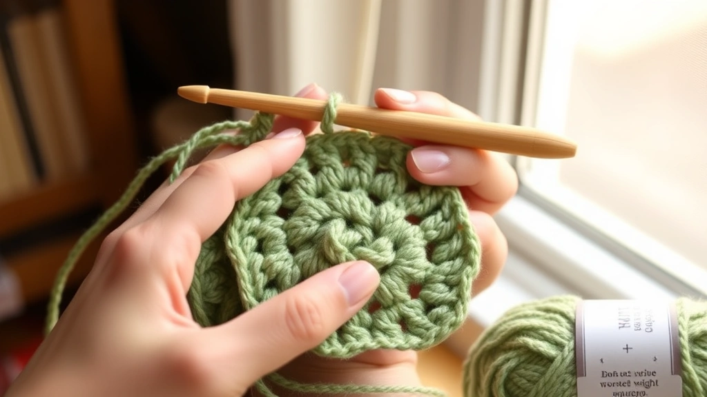 Close-up hands crocheting with worsted weight sage green yarn, bamboo hook visible, partially completed granny square, warm window light, cozy home setting, yarn label nearby