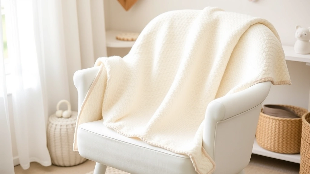 Finished baby blanket with simple border draped over white nursery chair, soft textures visible, gentle natural light, peaceful nursery setting with subtle decor