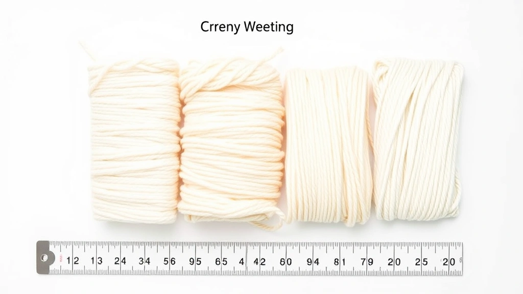 Yarn weight comparison swatch samples in cream colors, different textures and thicknesses displayed side by side, measuring ruler alongside, clean white background, professional lighting setup