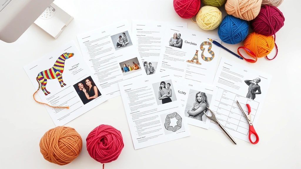 Overhead view of organized crochet pattern pages spread on white desk, colorful yarn balls, measuring tape, silver hook, natural window light, clean modern workspace