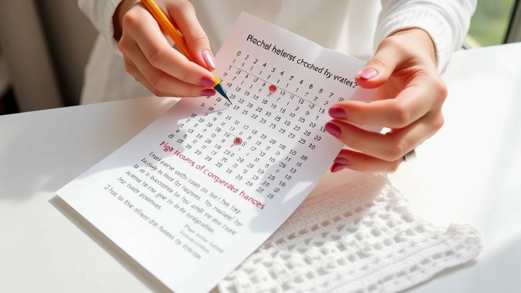 Close-up of hands holding printed crochet chart with colored pencil marking completed rows, natural window light, clean white desk surface, partially finished lace sample visible